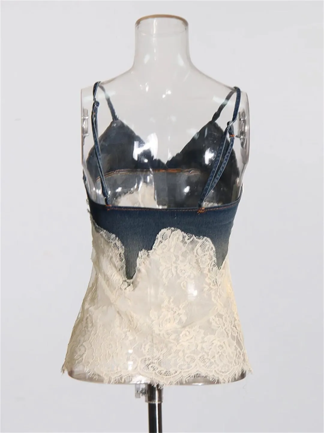 Women Summer Retro Sexy Slim Fit Stitching Lace Embroidery Design Denim Camisole
