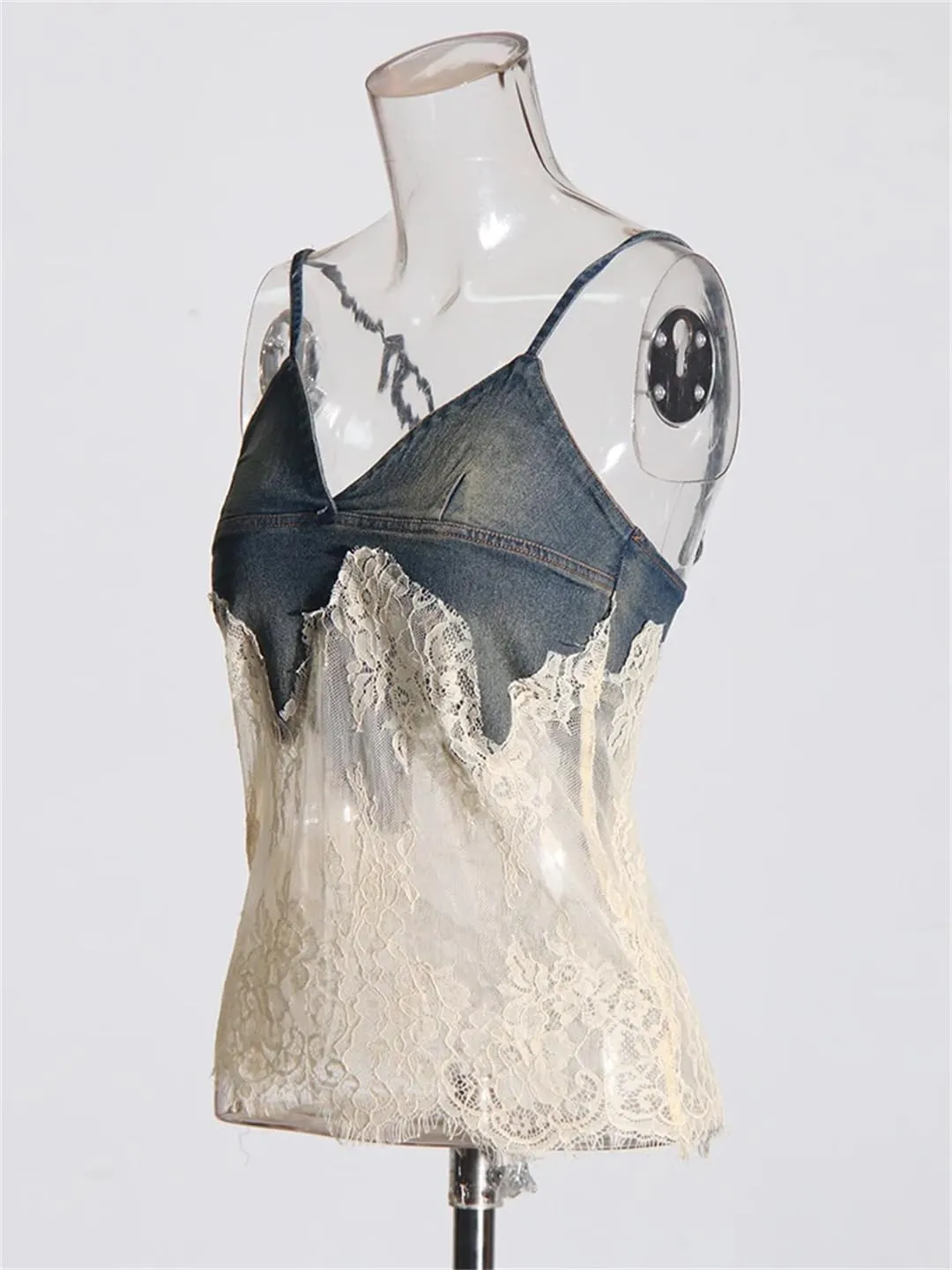 Women Summer Retro Sexy Slim Fit Stitching Lace Embroidery Design Denim Camisole