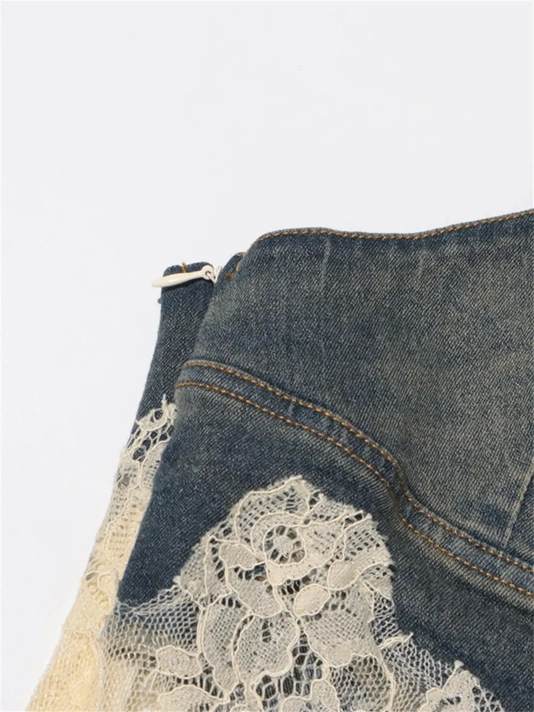 Women Summer Retro Sexy Slim Fit Stitching Lace Embroidery Design Denim Camisole