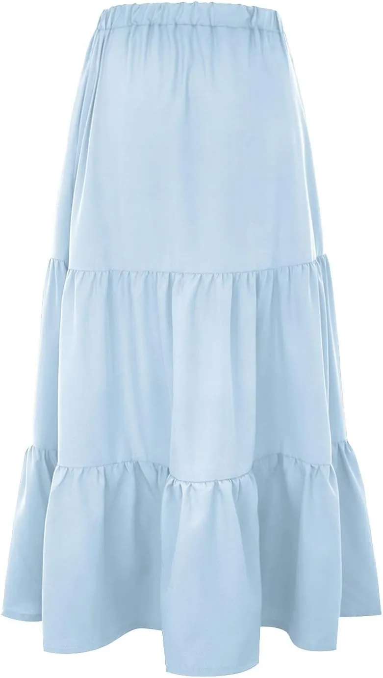 Women Summer Solid Color Boho Beach Skirt Elastic High Waist A-Line Skirt Flowy Swing Tiered Long Skirt
