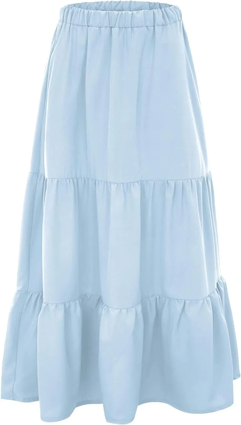 Women Summer Solid Color Boho Beach Skirt Elastic High Waist A-Line Skirt Flowy Swing Tiered Long Skirt