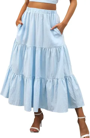 Women Summer Solid Color Boho Beach Skirt Elastic High Waist A-Line Skirt Flowy Swing Tiered Long Skirt