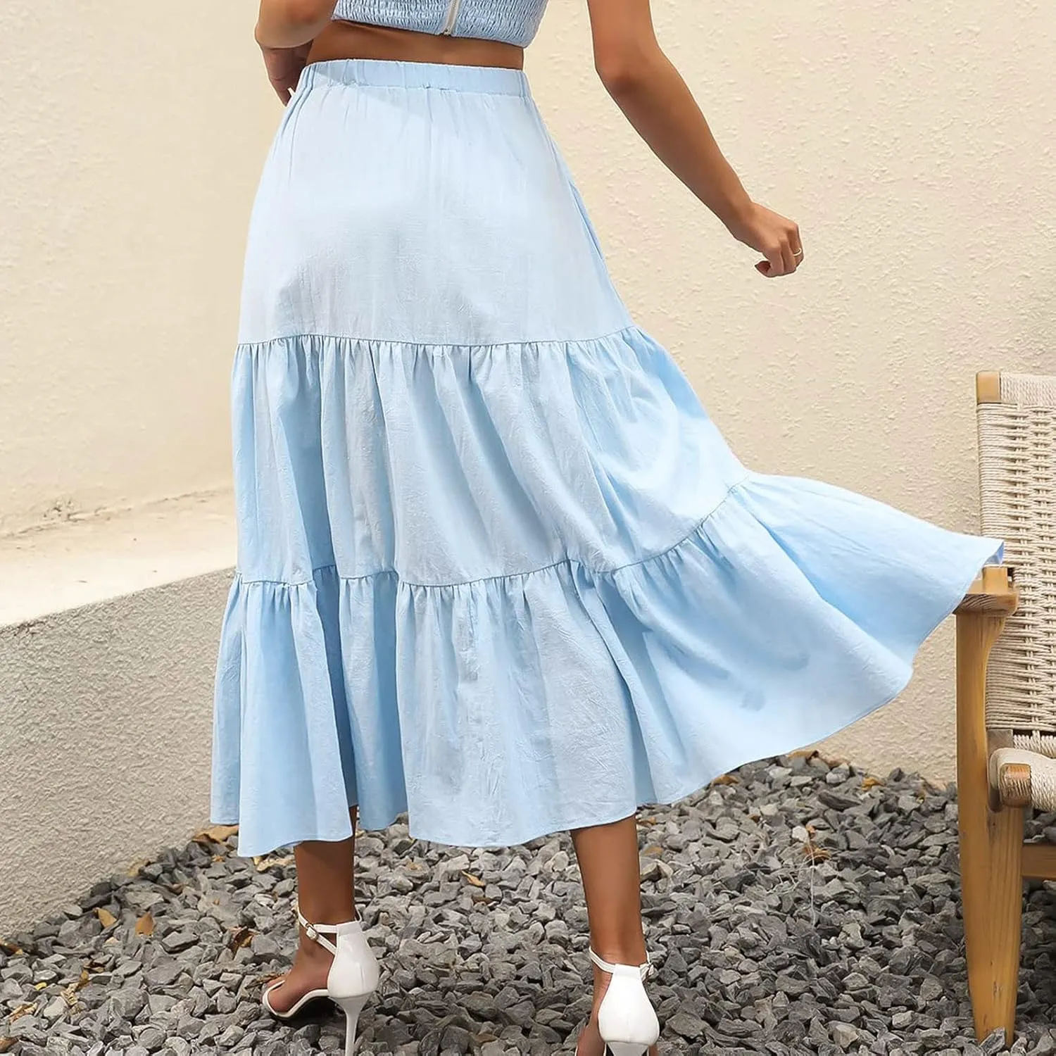 Women Summer Solid Color Boho Beach Skirt Elastic High Waist A-Line Skirt Flowy Swing Tiered Long Skirt