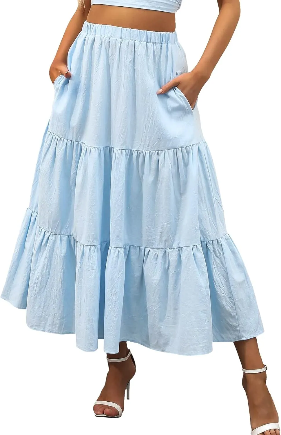 Women Summer Solid Color Boho Beach Skirt Elastic High Waist A-Line Skirt Flowy Swing Tiered Long Skirt