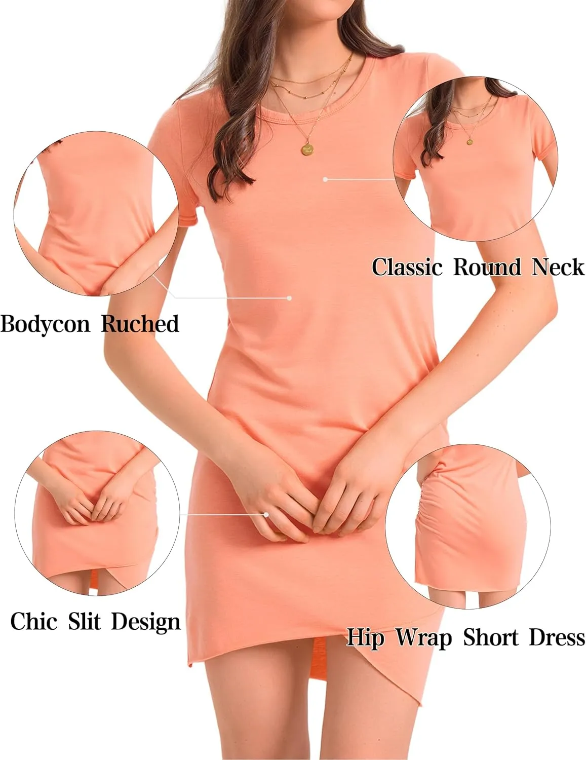Women Summer T Shirt Casual Dress Crew Neck Wrap Ruched Bodycon Short Sleeve Party Club Mini Dresses