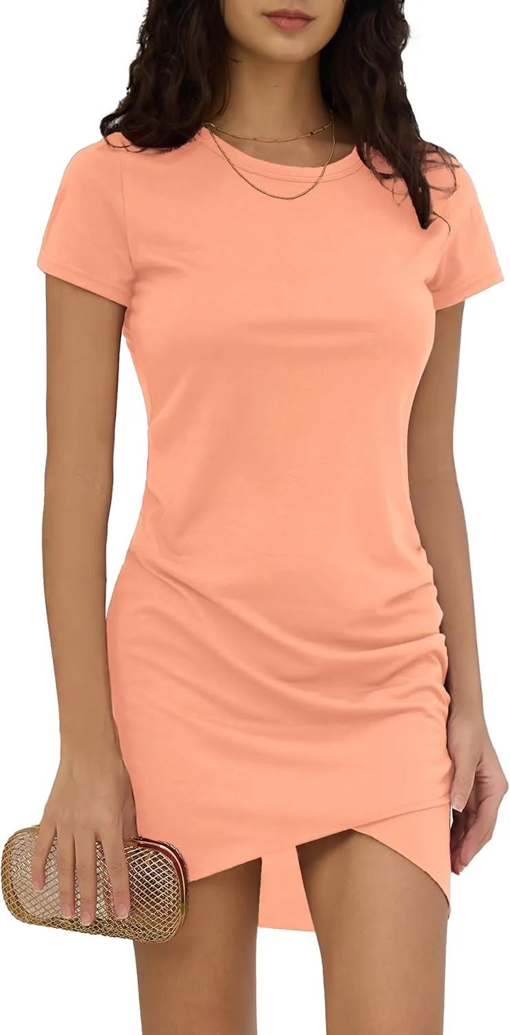 Women Summer T Shirt Casual Dress Crew Neck Wrap Ruched Bodycon Short Sleeve Party Club Mini Dresses