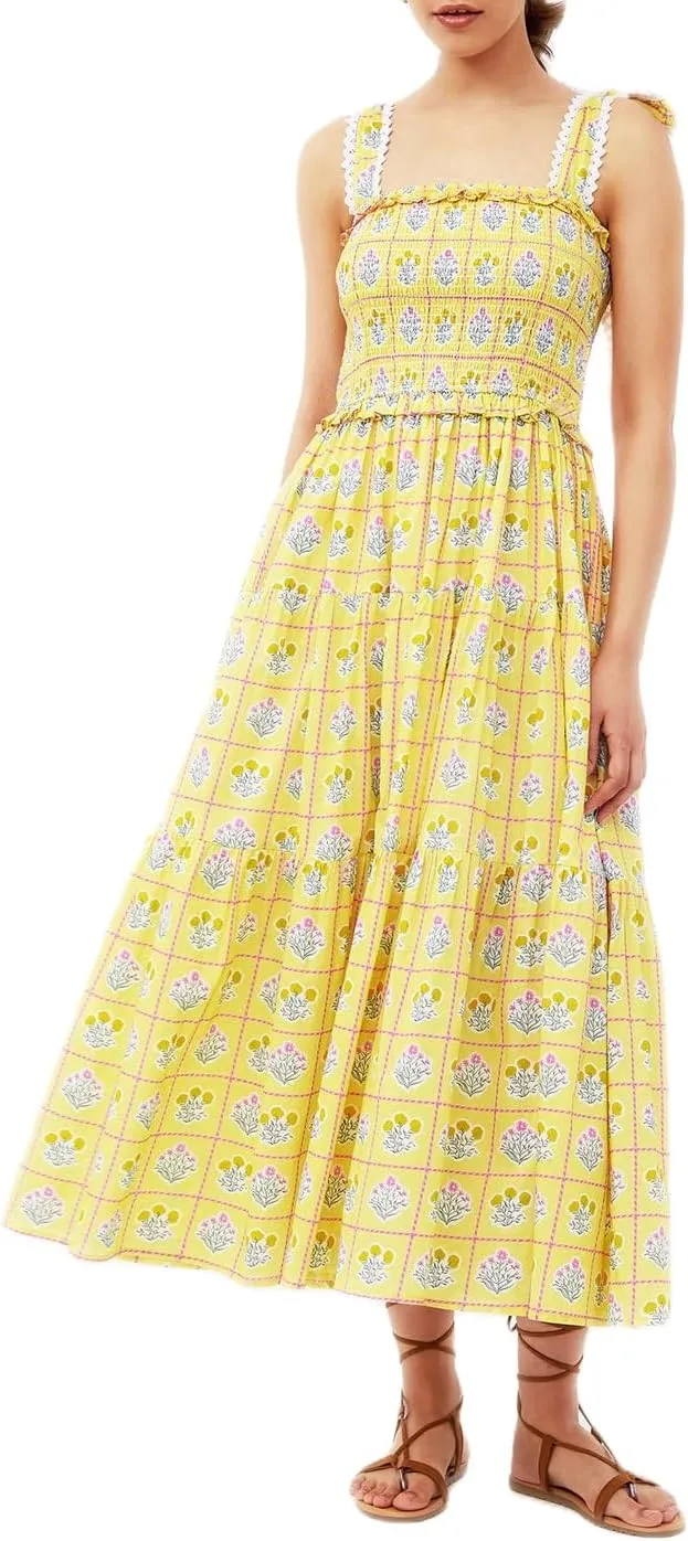 Women Summer Y2k Floral Maxi Dress Tie Shoulder Smocked Long Dress Tiered Flowy Swing A Line Beach Sundress
