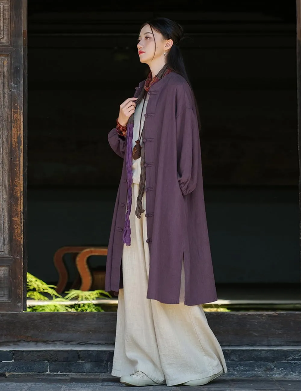 Women Vintage Cotton Linen Trench Coat Solid Color Button Down Long Sleeve Long Jackets with Pockets