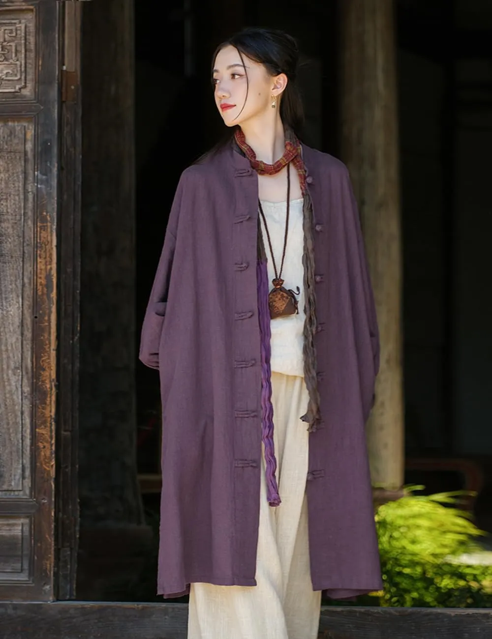 Women Vintage Cotton Linen Trench Coat Solid Color Button Down Long Sleeve Long Jackets with Pockets