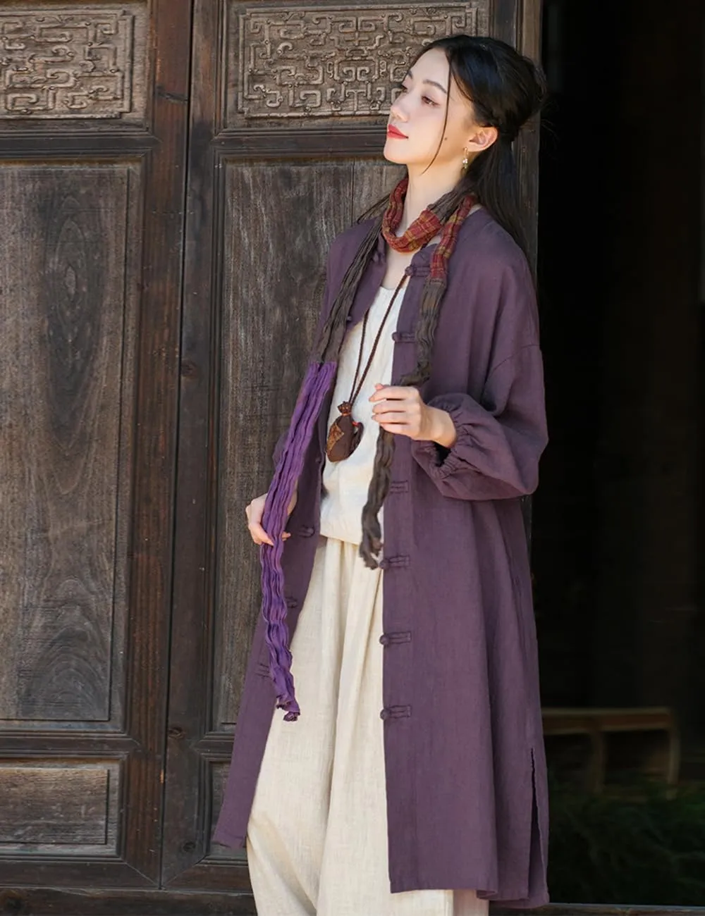 Women Vintage Cotton Linen Trench Coat Solid Color Button Down Long Sleeve Long Jackets with Pockets