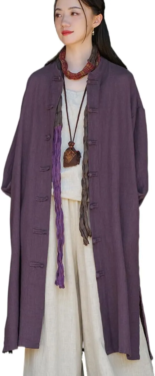 Women Vintage Cotton Linen Trench Coat Solid Color Button Down Long Sleeve Long Jackets with Pockets