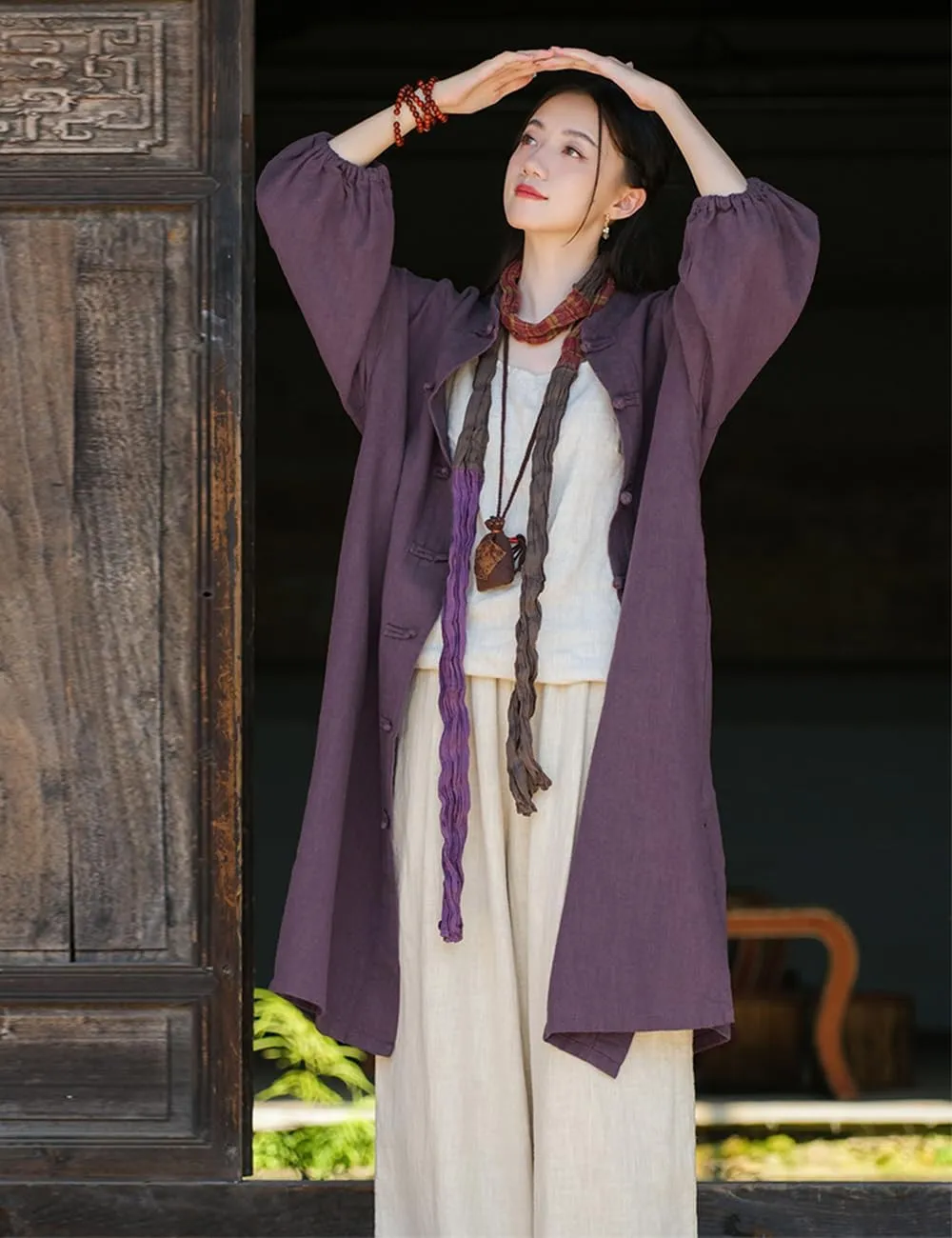 Women Vintage Cotton Linen Trench Coat Solid Color Button Down Long Sleeve Long Jackets with Pockets