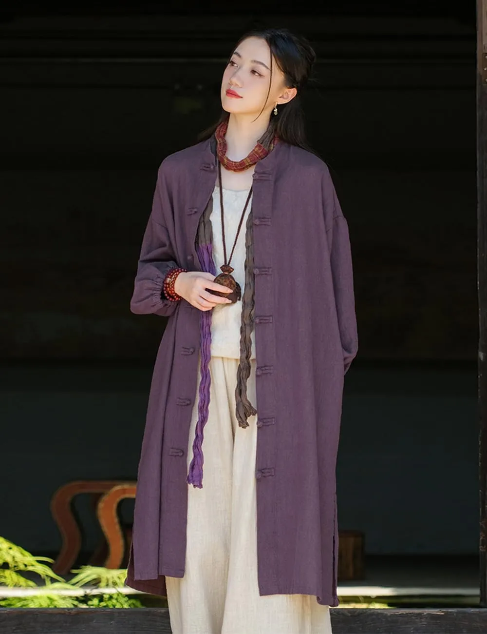 Women Vintage Cotton Linen Trench Coat Solid Color Button Down Long Sleeve Long Jackets with Pockets