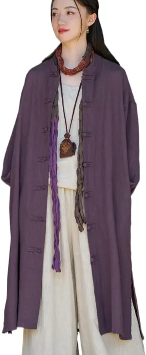 Women Vintage Cotton Linen Trench Coat Solid Color Button Down Long Sleeve Long Jackets with Pockets
