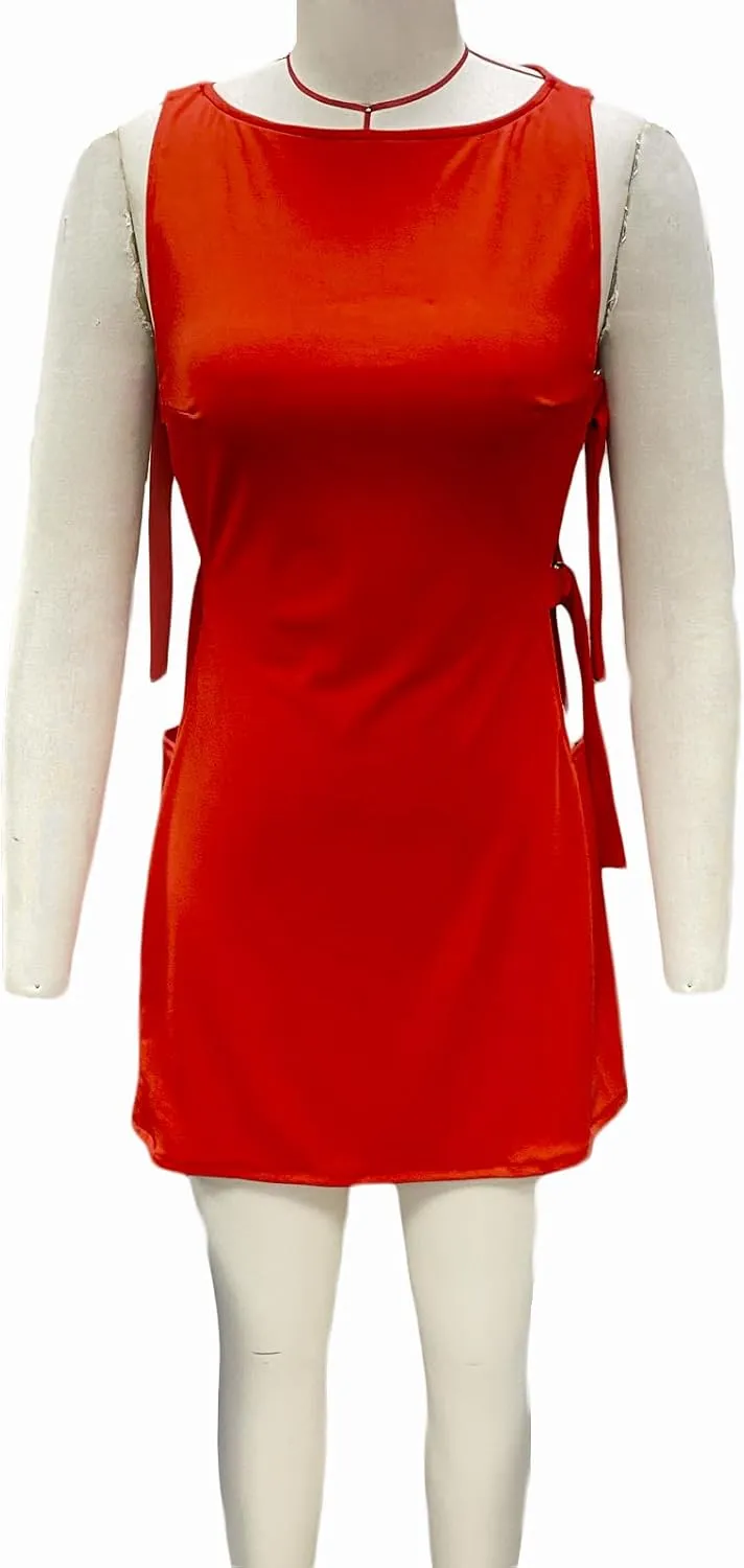 Women Y2K Buckle Mini Dress Summer Sleeveless Hollow-Out Tie Side Boat Neck Short Tank Dress Night Party Clubwear
