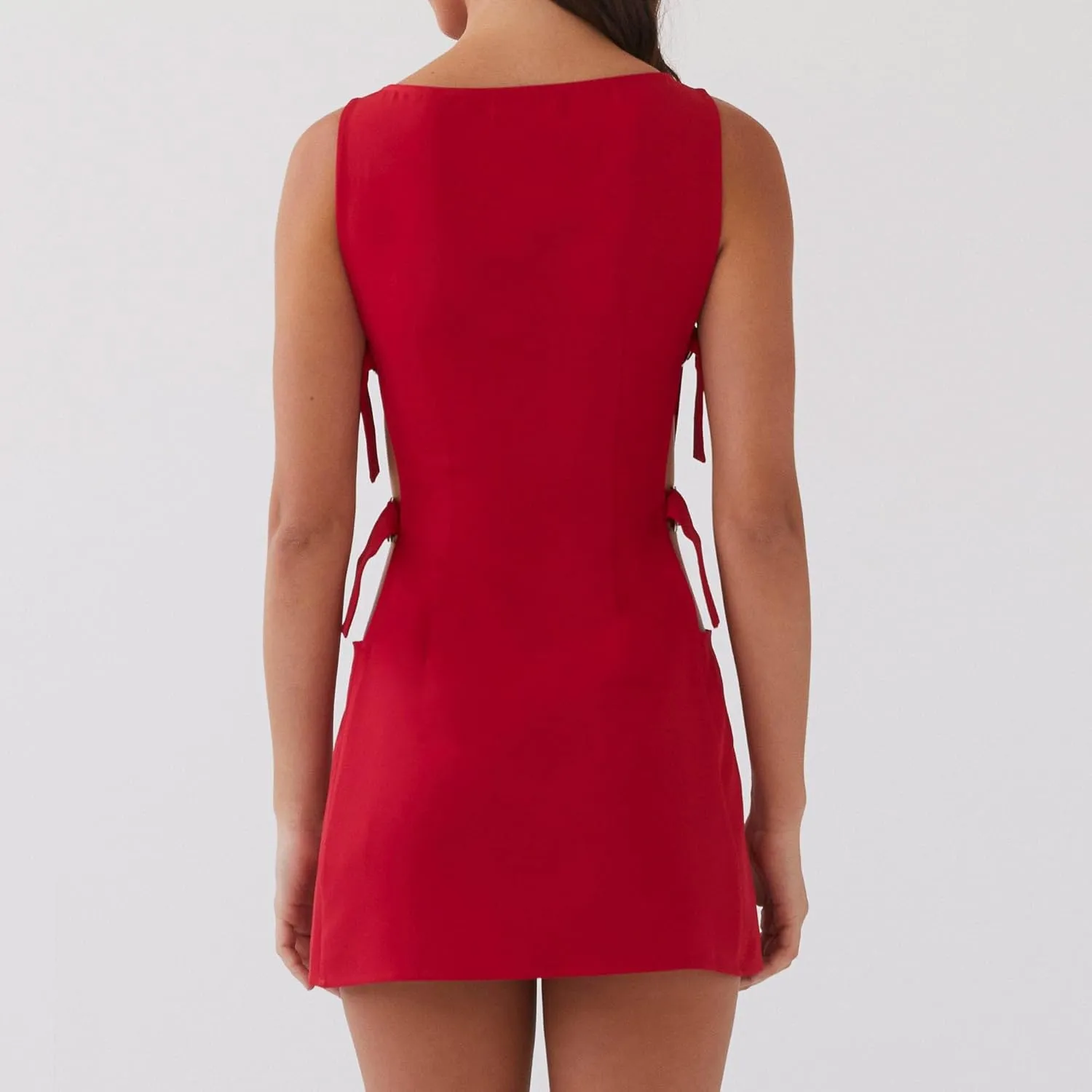 Women Y2K Buckle Mini Dress Summer Sleeveless Hollow-Out Tie Side Boat Neck Short Tank Dress Night Party Clubwear