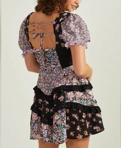 Women Y2k Floral Patchwork Mini Dress Layered Ruffle Short Summer Dress Boho Smocked Tiered Backless Flowy Dresses