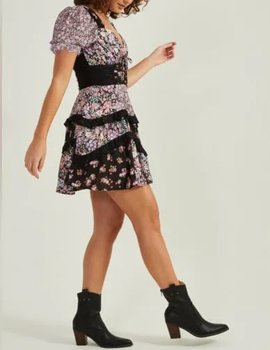 Women Y2k Floral Patchwork Mini Dress Layered Ruffle Short Summer Dress Boho Smocked Tiered Backless Flowy Dresses