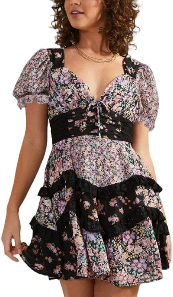 Women Y2k Floral Patchwork Mini Dress Layered Ruffle Short Summer Dress Boho Smocked Tiered Backless Flowy Dresses