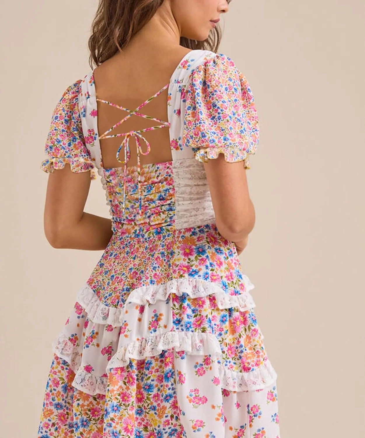 Women Y2k Floral Patchwork Mini Dress Layered Ruffle Short Summer Dress Boho Smocked Tiered Backless Flowy Dresses