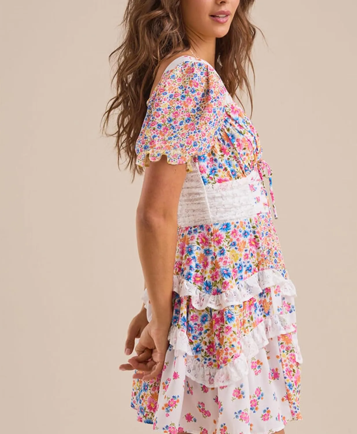 Women Y2k Floral Patchwork Mini Dress Layered Ruffle Short Summer Dress Boho Smocked Tiered Backless Flowy Dresses