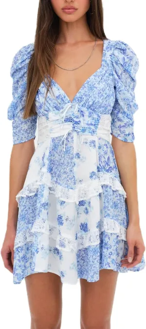 Women Y2K Floral Patchwork Mini Dress Puff Short Sleeve Tiered Ruffle Dress Bohemia Tie Up Backless Sundress