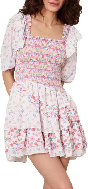 Women Y2K Floral Patchwork Mini Dress Puff Short Sleeve Tiered Ruffle Dress Bohemia Tie Up Backless Sundress