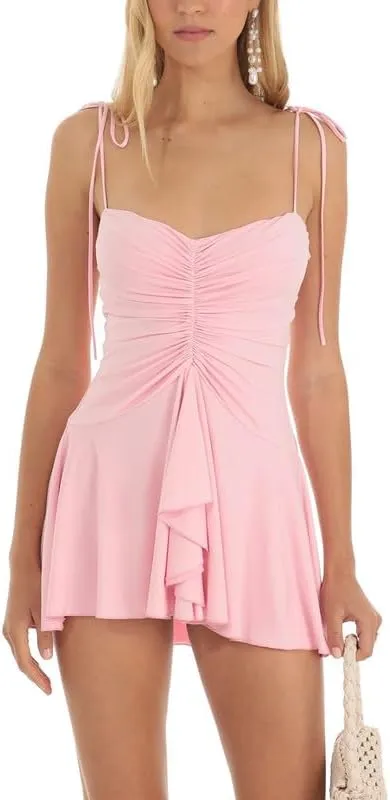Women Y2K Floral Spaghetti Strap Mini Dress Bodycon Square Neck A Line Short Dress Ruffle Sleeve Lace Up Partywear