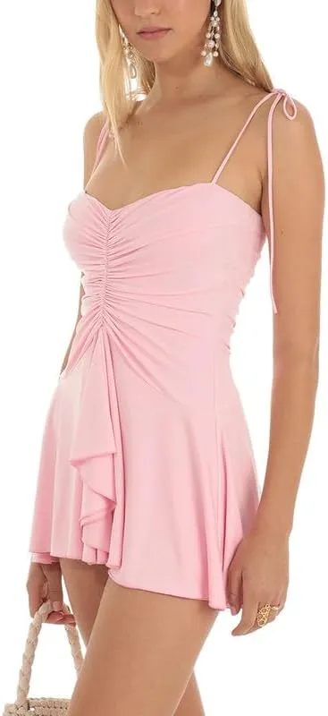 Women Y2K Floral Spaghetti Strap Mini Dress Bodycon Square Neck A Line Short Dress Ruffle Sleeve Lace Up Partywear