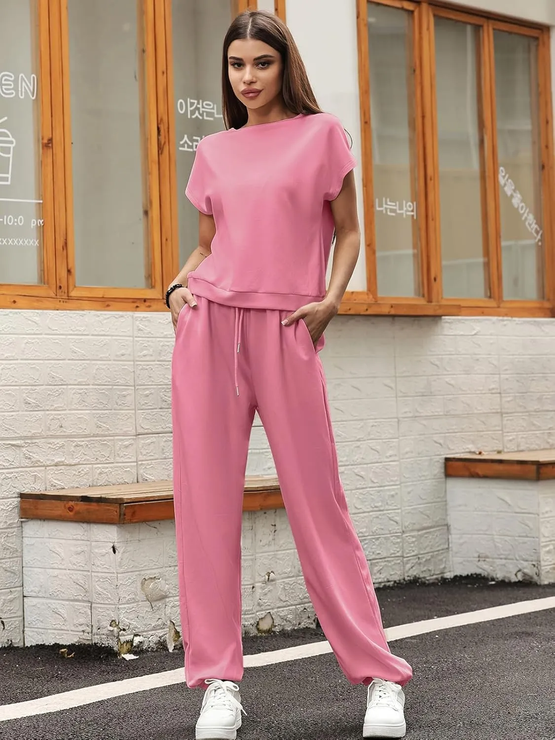 Women's 2 Piece Outfits Cap Sleeve Tops High Waist Pants Lounge Set Athletic Jogger Tracksuit Fashion Loungewear