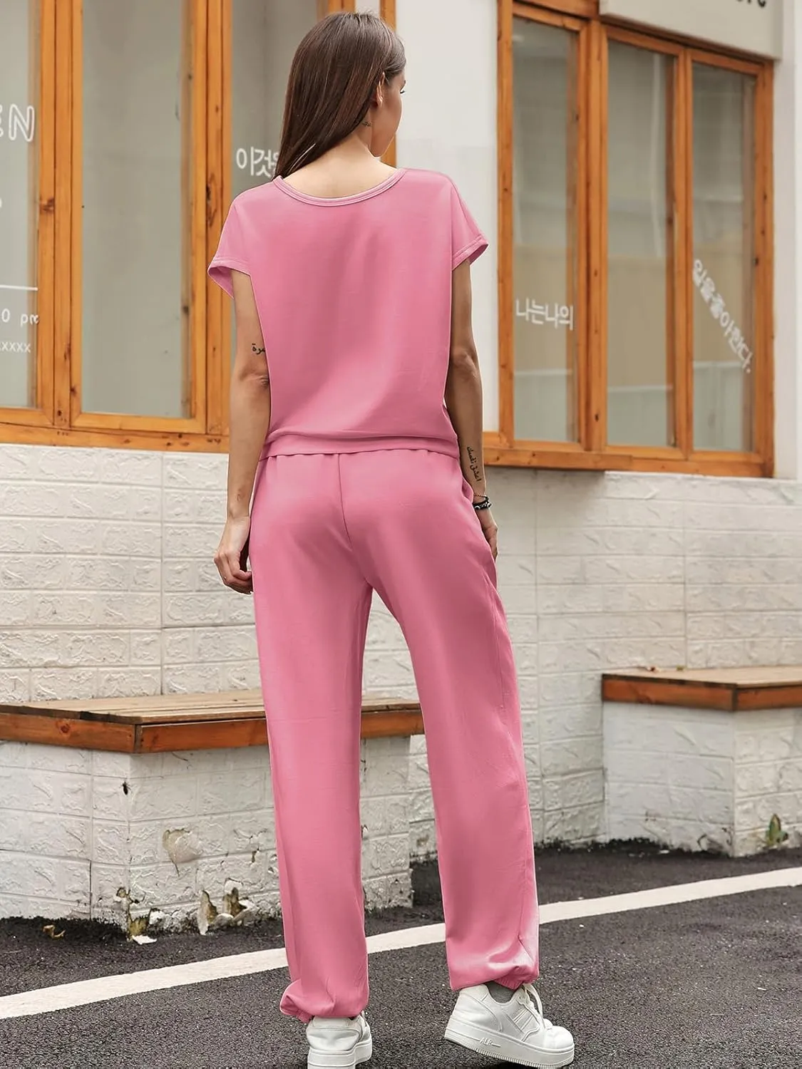 Women's 2 Piece Outfits Cap Sleeve Tops High Waist Pants Lounge Set Athletic Jogger Tracksuit Fashion Loungewear