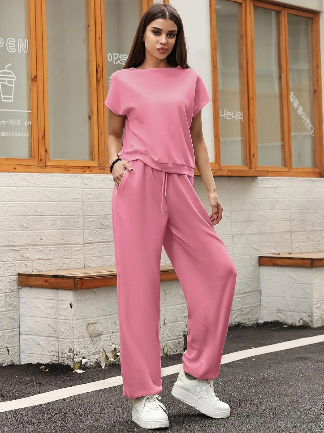 Women's 2 Piece Outfits Cap Sleeve Tops High Waist Pants Lounge Set Athletic Jogger Tracksuit Fashion Loungewear