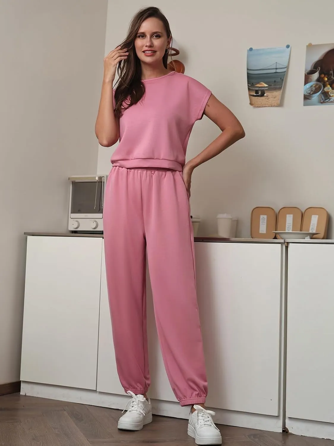Women's 2 Piece Outfits Cap Sleeve Tops High Waist Pants Lounge Set Athletic Jogger Tracksuit Fashion Loungewear