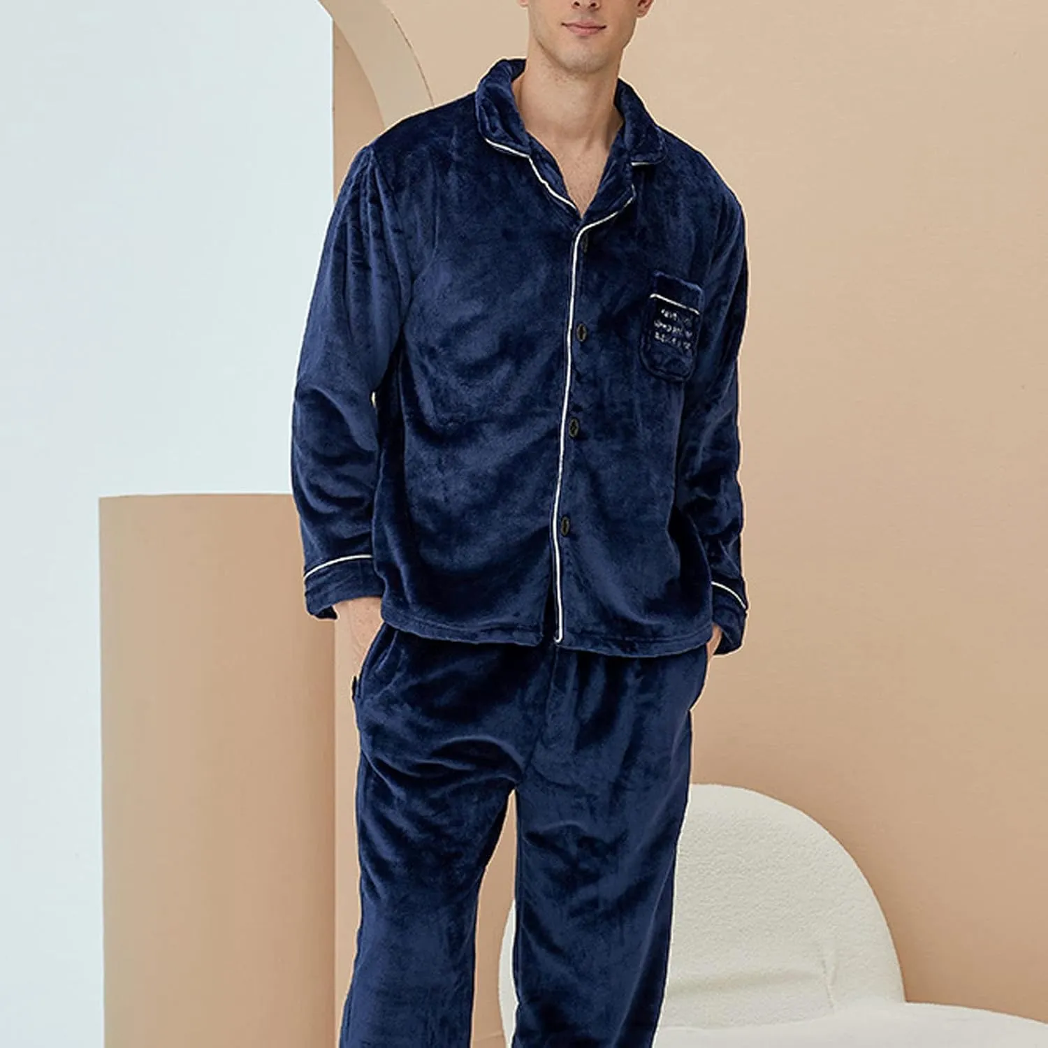 Women's 2 Piece Pajama Sets Lapel Button Down Tops with Pocket Long Pants Trendy Warm Thick Fleece Loungewear Set