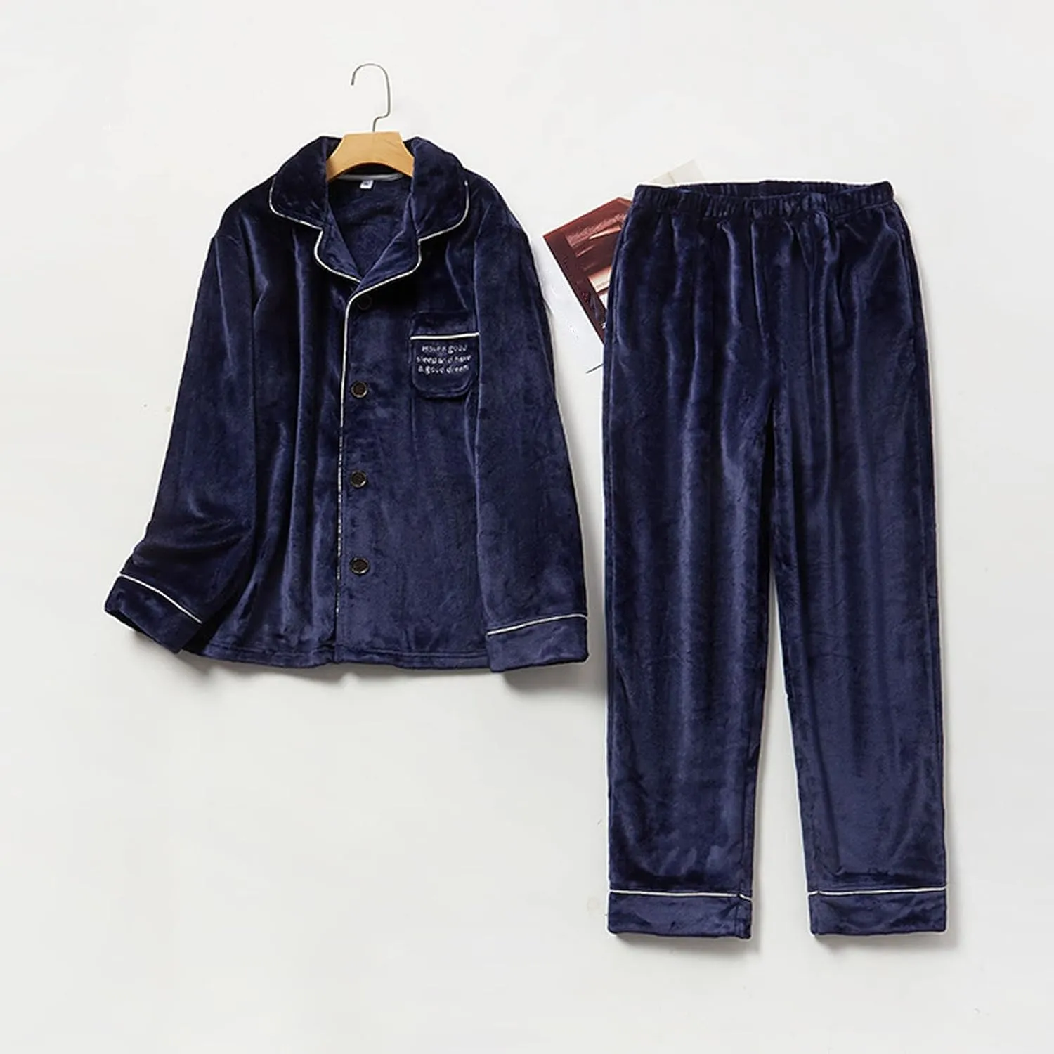 Women's 2 Piece Pajama Sets Lapel Button Down Tops with Pocket Long Pants Trendy Warm Thick Fleece Loungewear Set