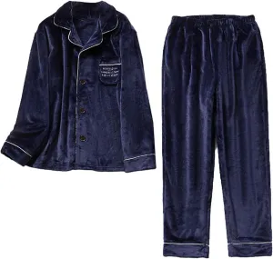 Women's 2 Piece Pajama Sets Lapel Button Down Tops with Pocket Long Pants Trendy Warm Thick Fleece Loungewear Set