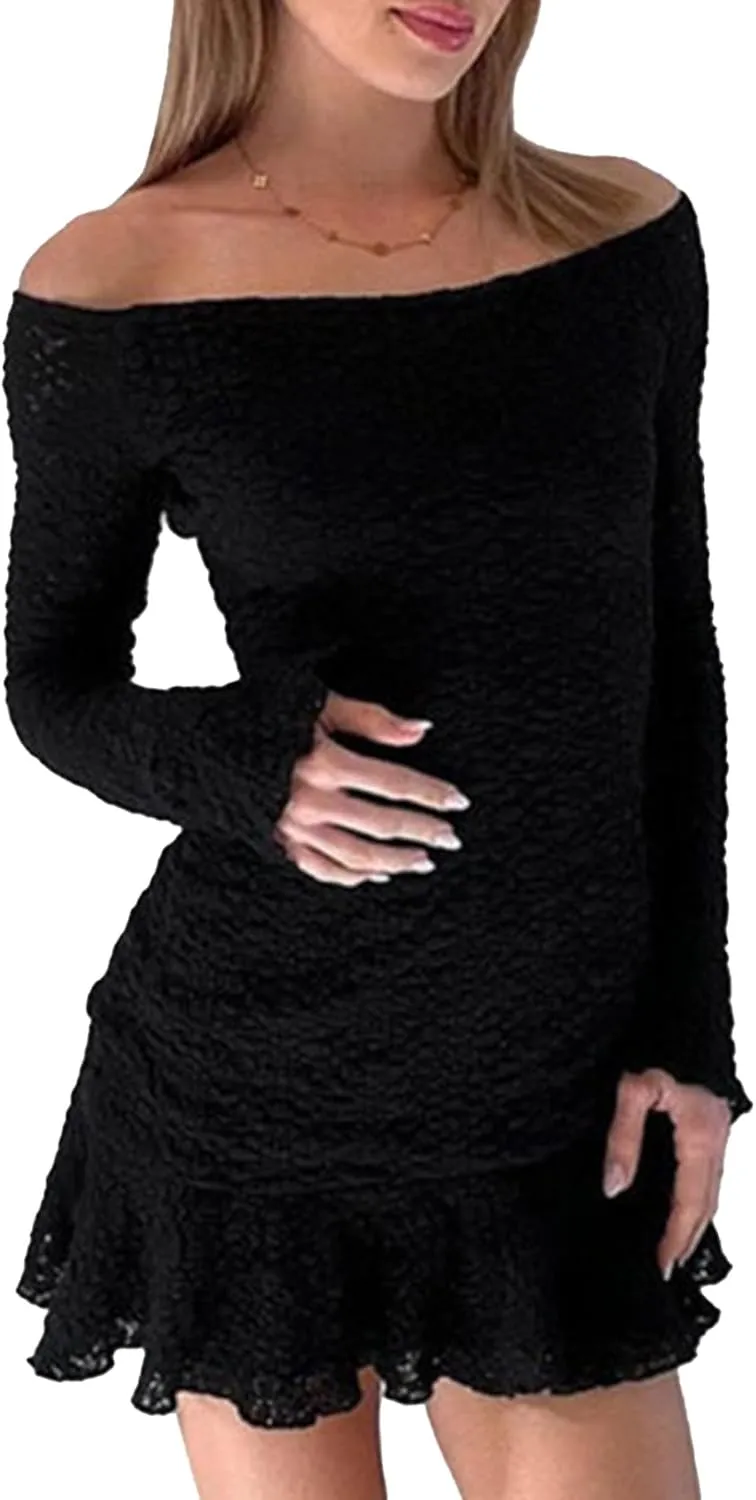 Womens 2025 Off The Shoulder Spring Dresses Long Sleeve Ruffle Bodycon Mini Wedding Guest Dresses