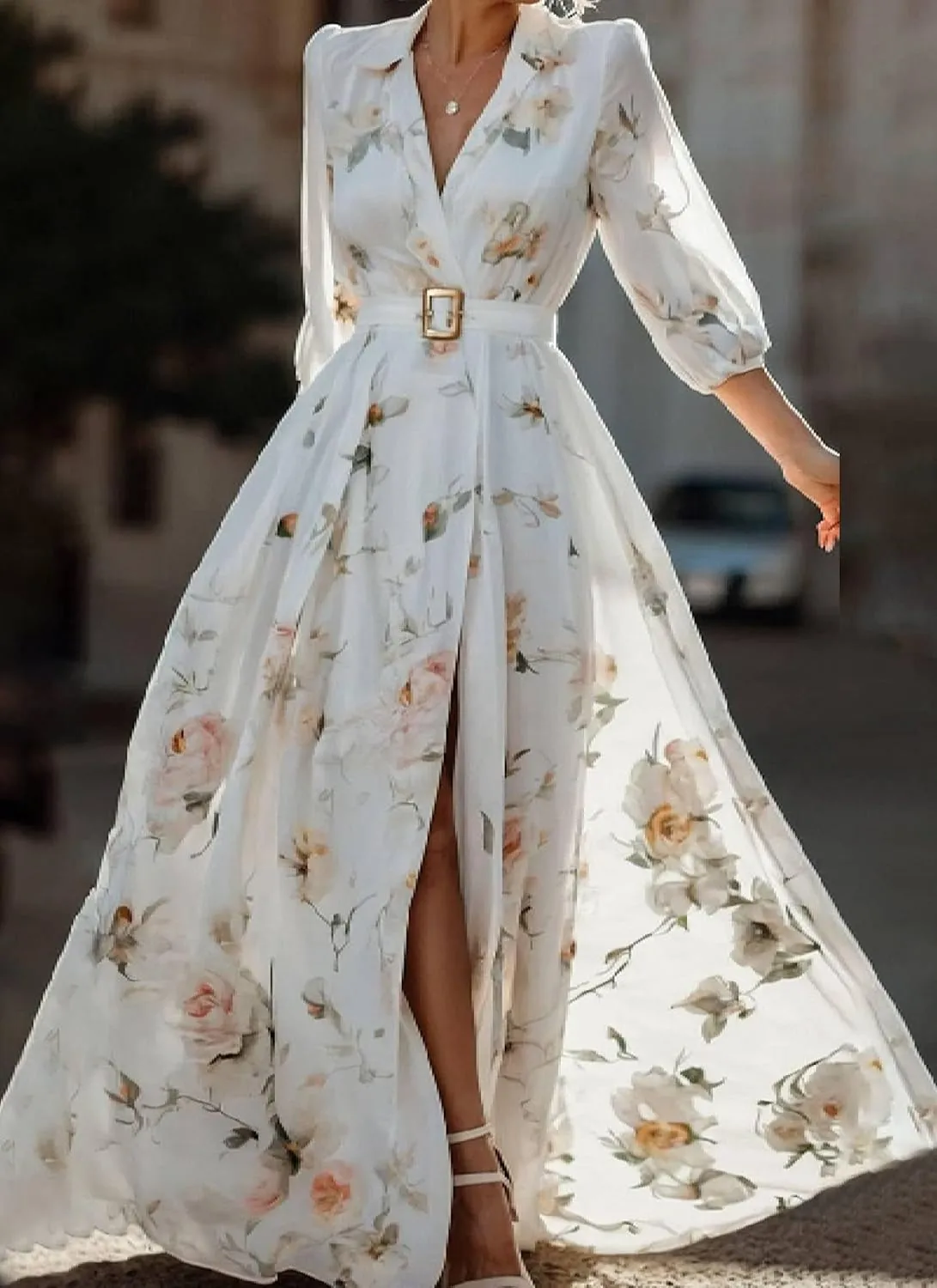 Women's 2025 Spring Boho Flowy Wrap V Neck 3/4 Sleeve Floral Print Split Hem Maxi Dress Beach Wedding Guest Dresses