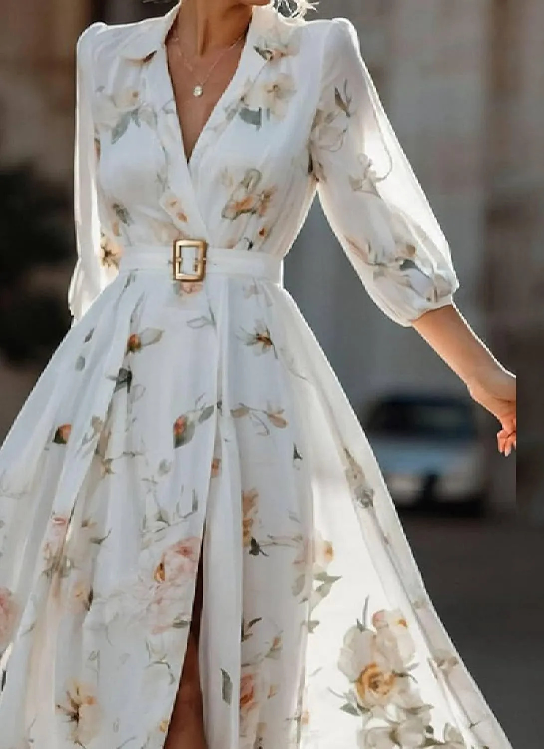 Women's 2025 Spring Boho Flowy Wrap V Neck 3/4 Sleeve Floral Print Split Hem Maxi Dress Beach Wedding Guest Dresses