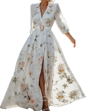Women's 2025 Spring Boho Flowy Wrap V Neck 3/4 Sleeve Floral Print Split Hem Maxi Dress Beach Wedding Guest Dresses