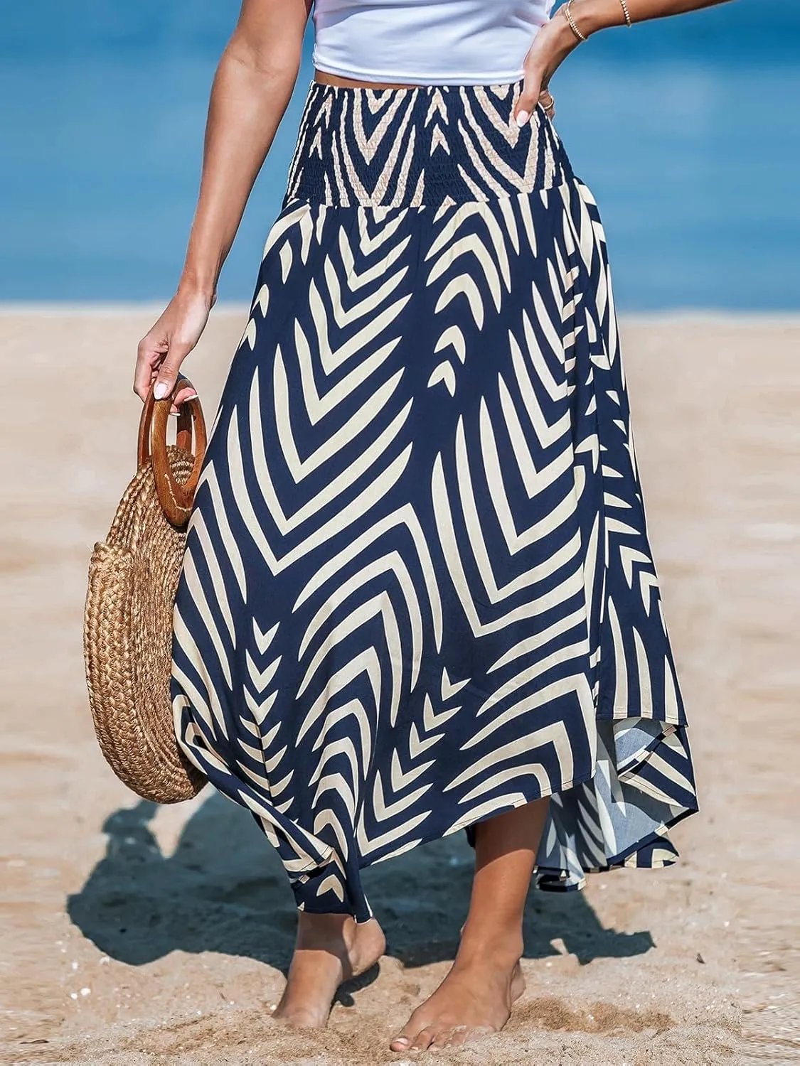 Women's Abstract Smocked Midi Skirt Smocked High Waist Maxi Tropical Skirt Casual Coverup Boho Long Skirts for Vacation