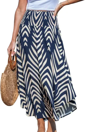 Women's Abstract Smocked Midi Skirt Smocked High Waist Maxi Tropical Skirt Casual Coverup Boho Long Skirts for Vacation