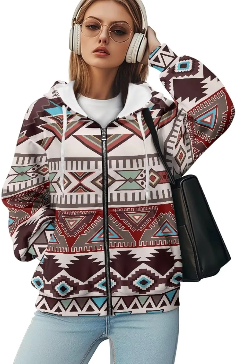 Women's Aztec Print Hoodies Casual Long Sleeve Zip Up Ethnic Western Drawstring Hooded Sweatshirts with Pockets