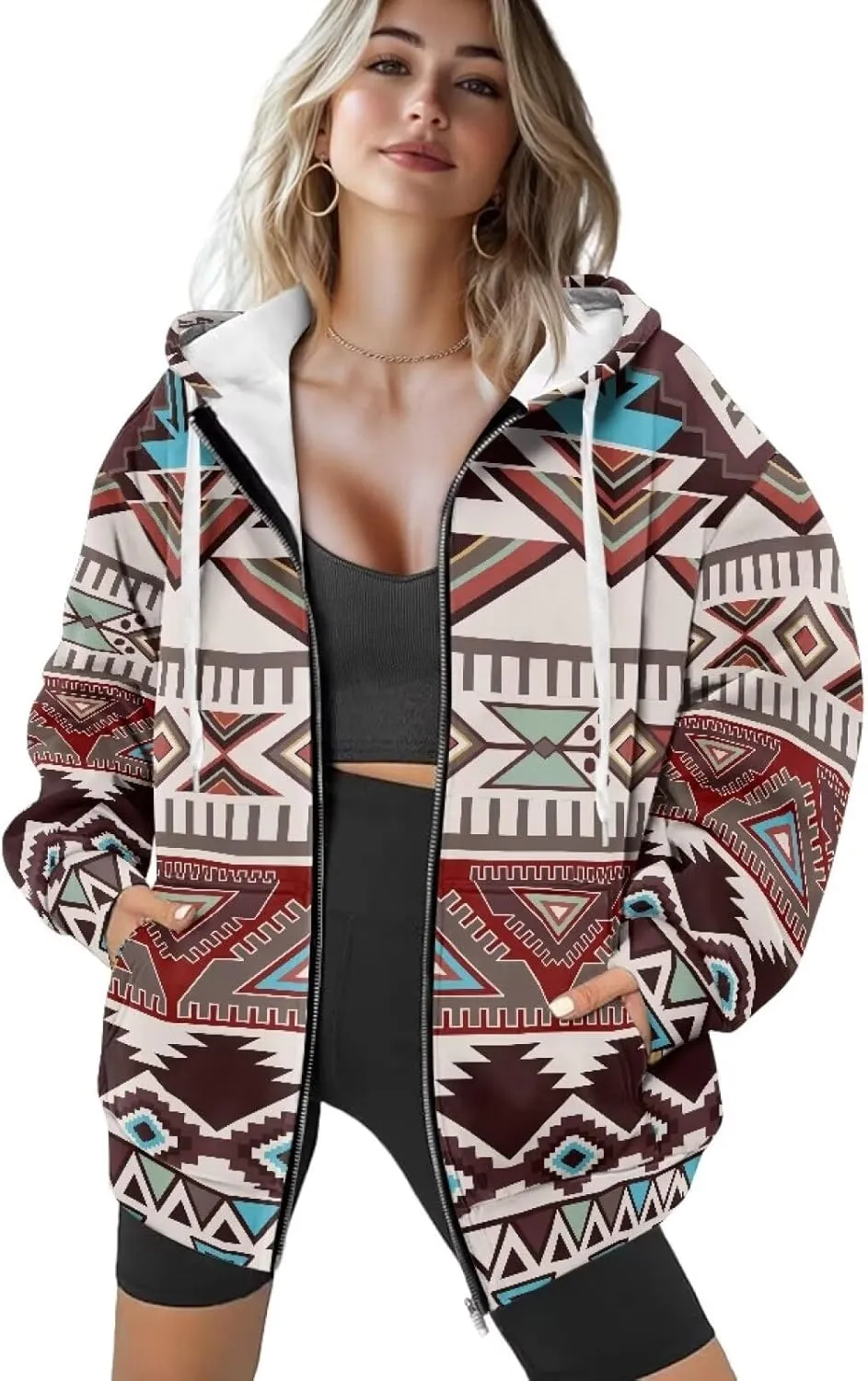 Women's Aztec Print Hoodies Casual Long Sleeve Zip Up Ethnic Western Drawstring Hooded Sweatshirts with Pockets
