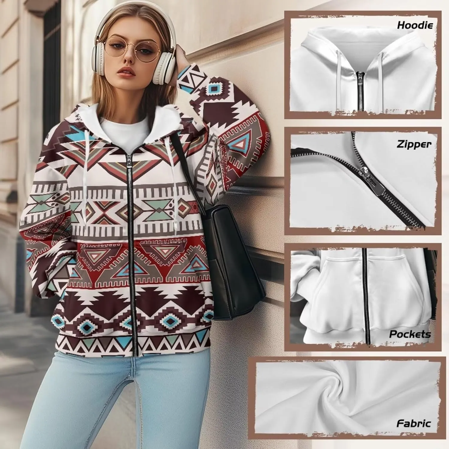 Women's Aztec Print Hoodies Casual Long Sleeve Zip Up Ethnic Western Drawstring Hooded Sweatshirts with Pockets