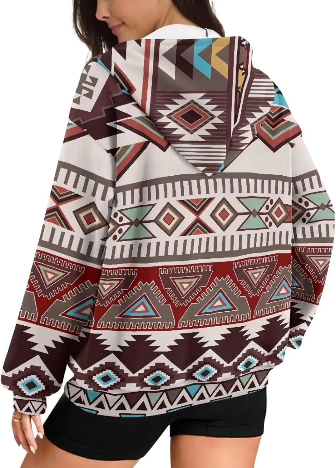 Women's Aztec Print Hoodies Casual Long Sleeve Zip Up Ethnic Western Drawstring Hooded Sweatshirts with Pockets