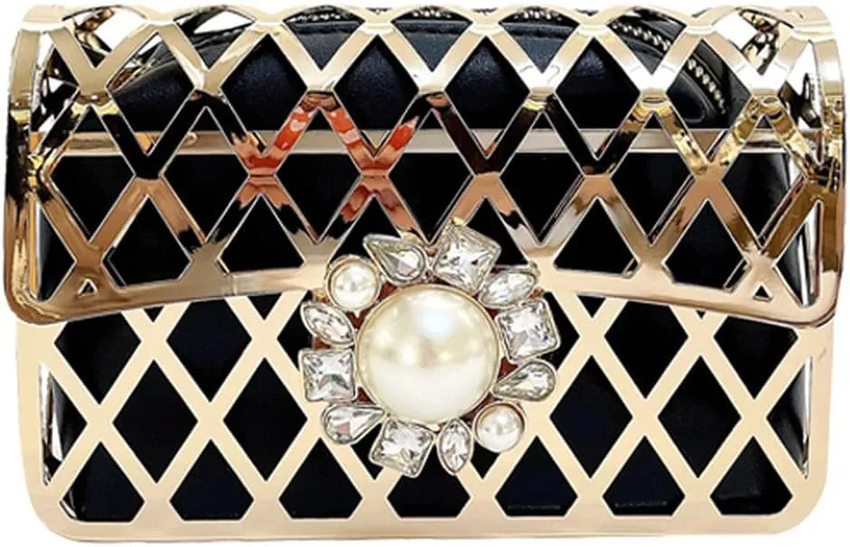 Womens Bag Hollow Pearl Handbag Metal Clutch Rhinestone Bag Chains Shoulder Wedding Purse