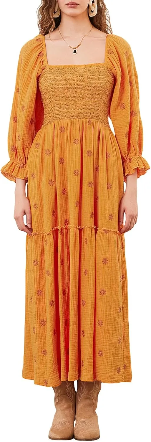 Women's Boho Floral Embroidered Maxi Dress Square Neck Smocked Long Puff Sleeve A Line Tiered Long Dress