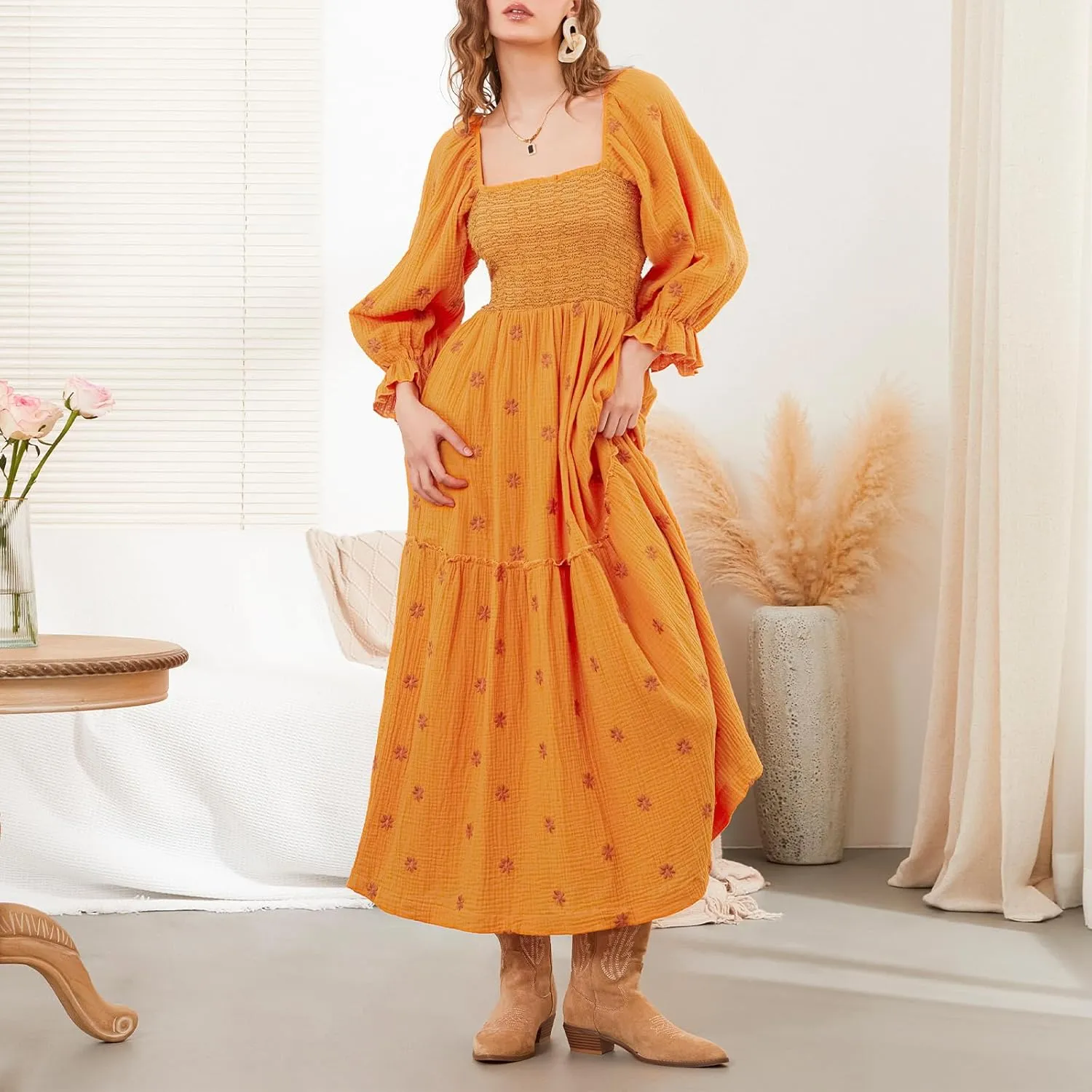 Women's Boho Floral Embroidered Maxi Dress Square Neck Smocked Long Puff Sleeve A Line Tiered Long Dress