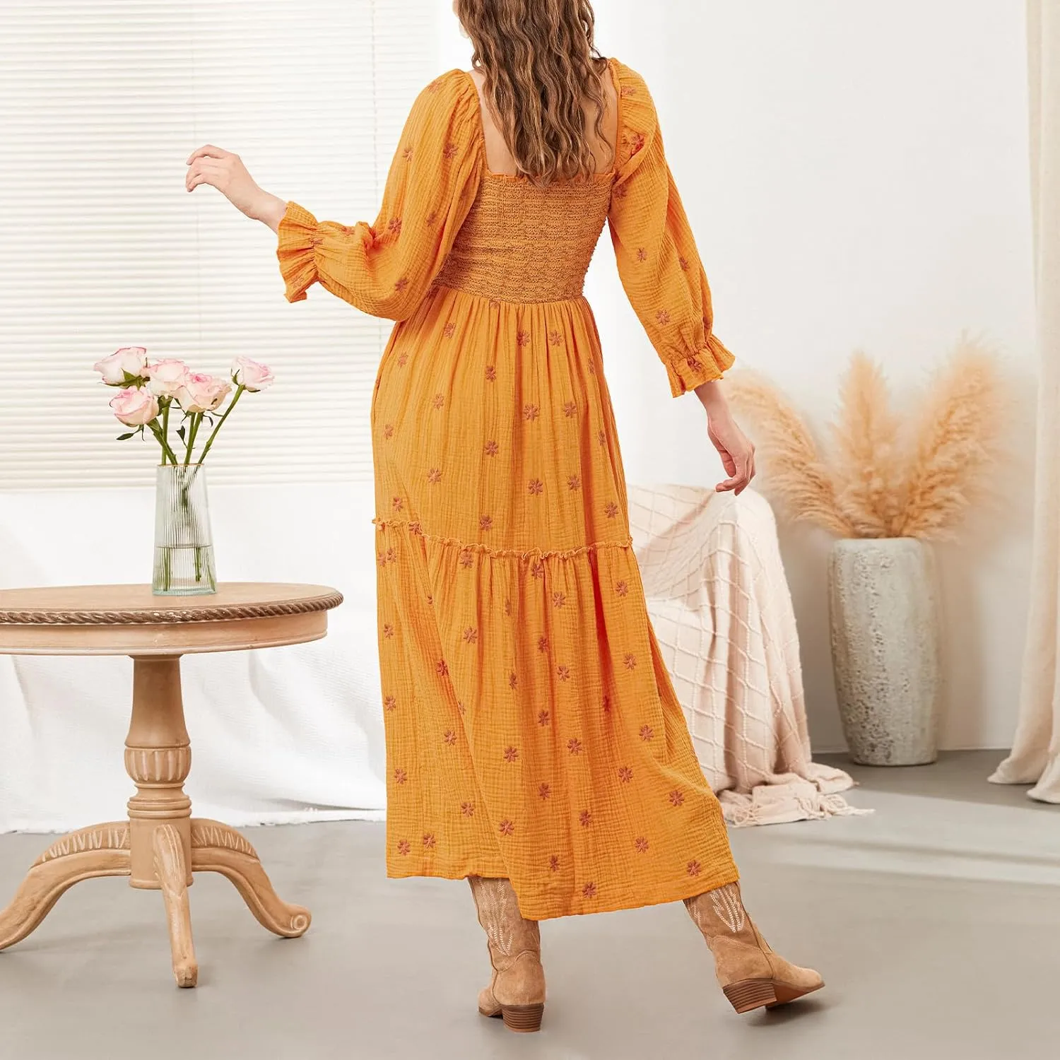 Women's Boho Floral Embroidered Maxi Dress Square Neck Smocked Long Puff Sleeve A Line Tiered Long Dress